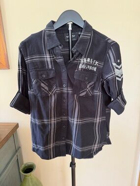 Harley Davidson Plaid Button Up Shirt Women’s Medium Black Moto